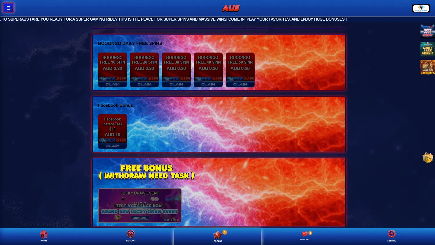 Superaus Casino desktop promotions area with the no deposit offer and promotional features