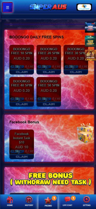 Superaus Casino mobile promotions area with the $8 AUD no deposit bonus