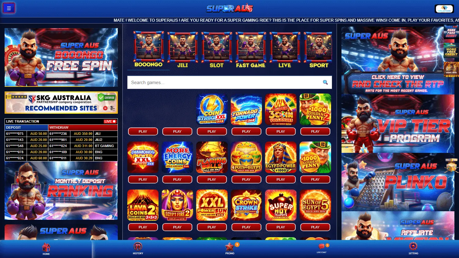 Superaus Casino desktop home with the casino offer and game selection