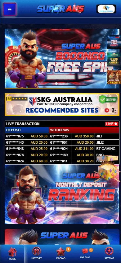 Superaus Casino mobile home with AUD casino play and game categories